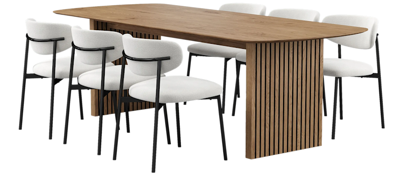 Richeto Spisebord 240 cm med 6 Lucy Spisestoler, Naturlig finish / Hvit Bouclé / Metallben Svart